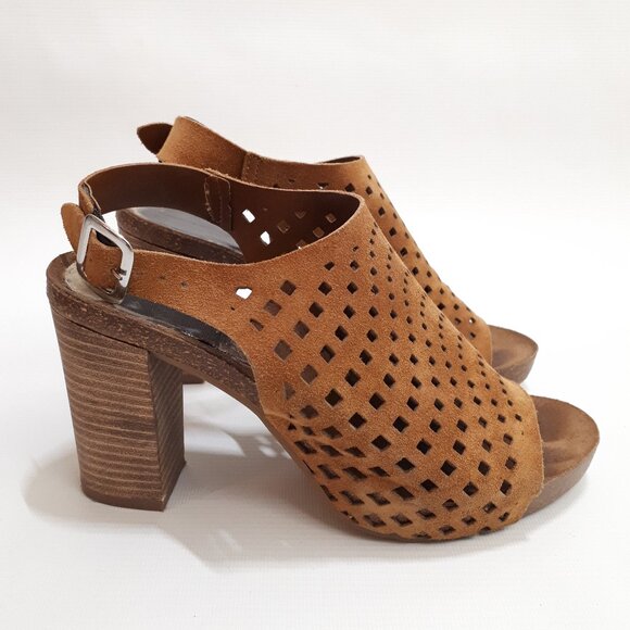MIRABELLA Perforated Leather Platform Mules with Block Heel in Tan Suede Leather - Picture 3 of 11